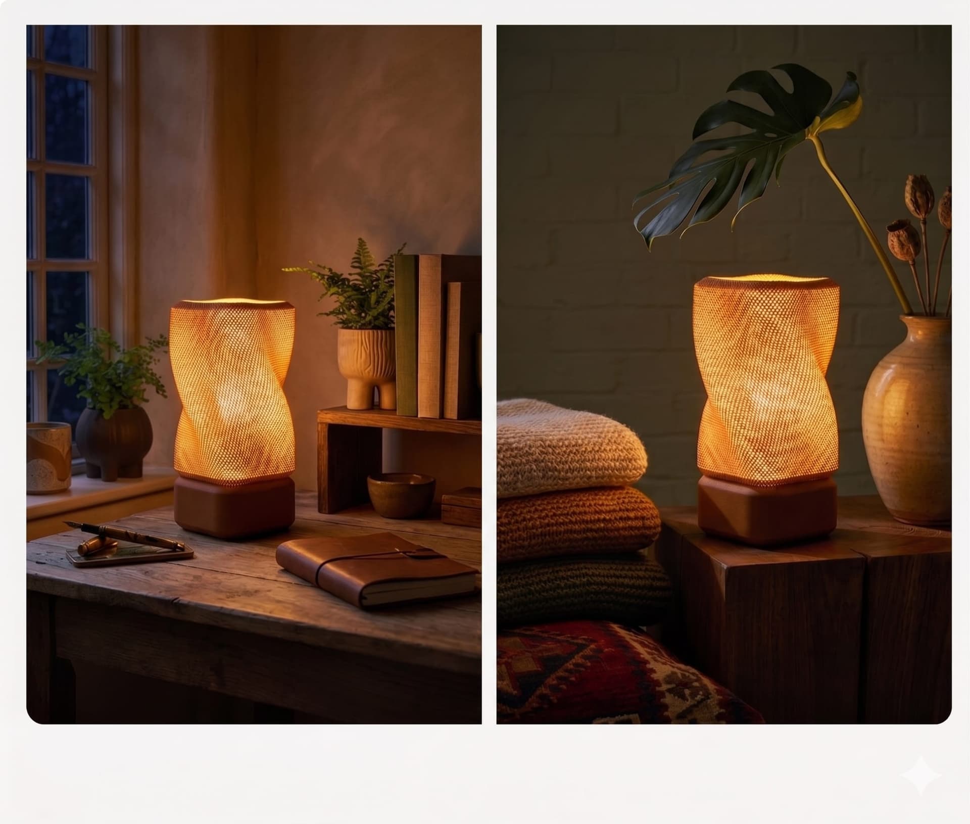 Amber table lamps casting warm light beside books and textured home accessories
