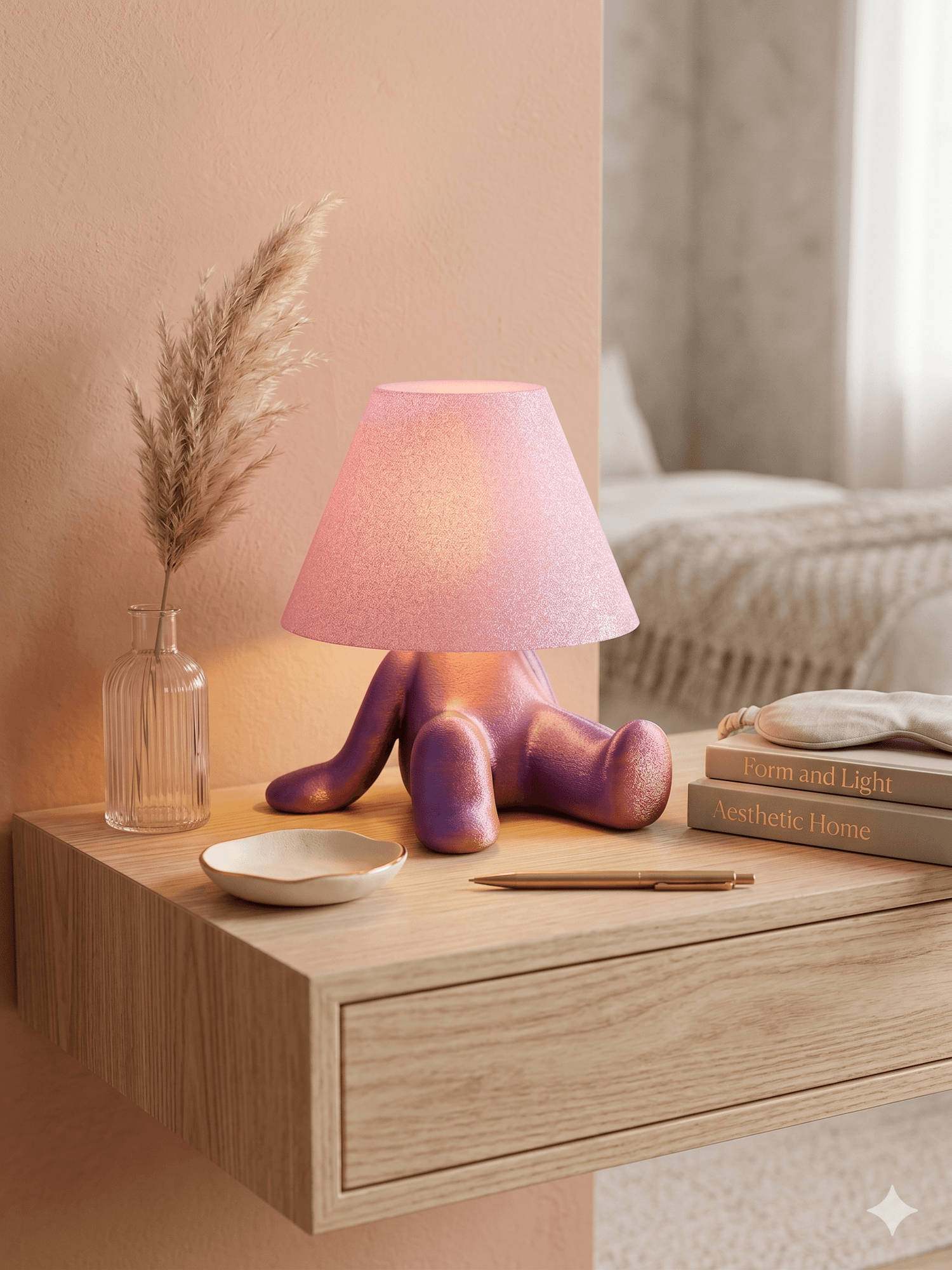 A sculptural blush lamp, a glass vase and books on a warm wooden bedside table