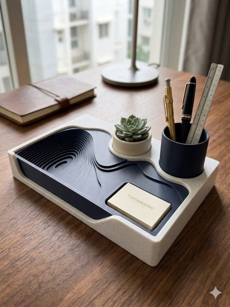 A sculptural desk organiser holding pens, cards and a small plant on a wooden desk