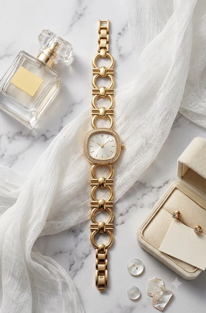 Scarlet Cushion Gold Link Timepiece, white golden dial with knots, view 1 of 2